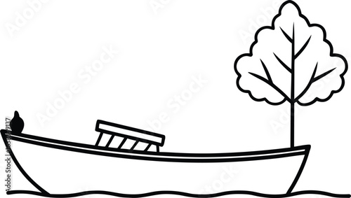 A boat carrying a single tree line art illustration.