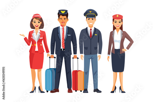 "Airline Crew with Pilot and Flight Attendants Holding Luggage"