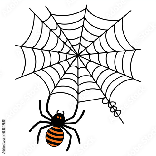 Isolated vector illustration of a black spider with torn web, symbolizing Halloween and web weaving. Ideal for spooky, horror, and seasonal themed artwork.