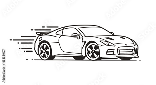 A sleek, black and white line art vector illustration of a modern sports car speeding forward with dynamic motion lines, isolated on a clean background.