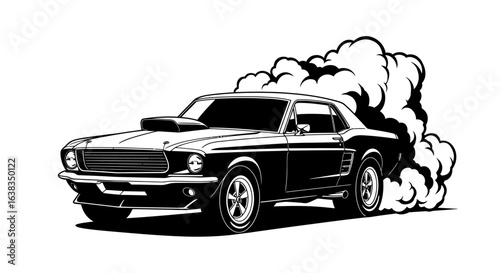 Vintage muscle car performing a burnout with thick smoke billowing from the tires, rendered as a dynamic black and white vector illustration.