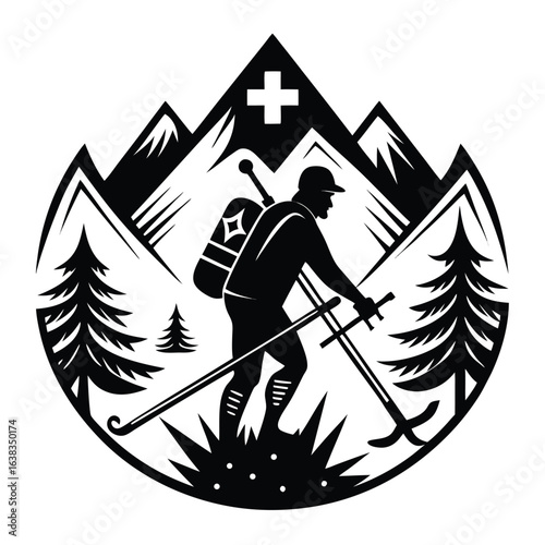 Silhouette of a Skier Gliding Down a Slope Adventure and Freedom in Winter Sports with Alpine Landscape for Posters and Decor