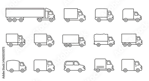 A comprehensive collection of minimalist line art icons depicting various commercial delivery trucks and cargo vans, perfect for web and app design.