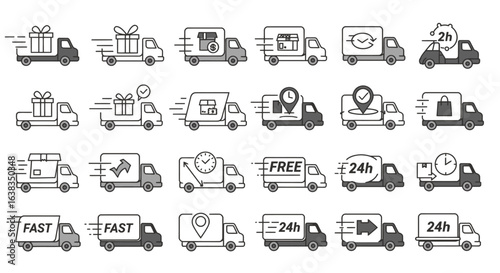 High-quality vector PNG icons of delivery trucks, perfect for e-commerce, logistics, and shipping websites or applications, showcasing fast and reliable delivery services with various designs and