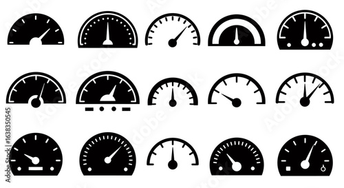 A collection of black silhouette vector speedometer and gauge icons, perfect for dashboard designs, performance measurement, or digital interfaces.
