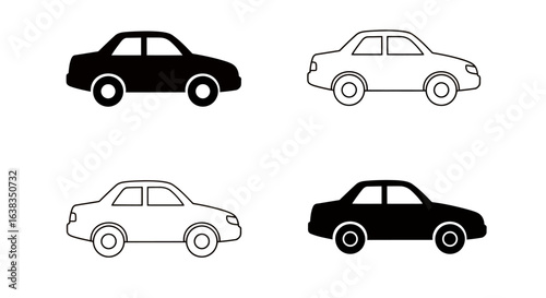 Four minimalist vector illustrations of cars, each in a different style, perfect for transportation-themed projects, including design, web graphics, and print media applications.