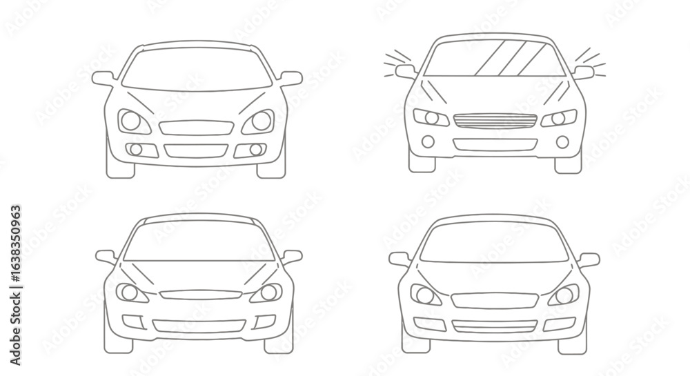 Obraz premium A collection of four distinct minimalist line art vector illustrations showcasing the front view of various modern cars, isolated on a clean white background.