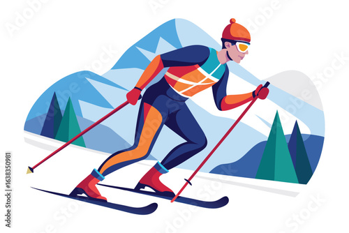 Silhouette of a Skier Gliding Down a Slope Adventure and Freedom in Winter Sports with Alpine Landscape for Posters and Decor