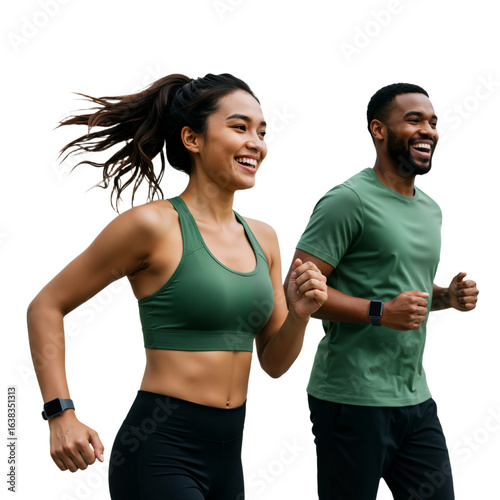 A happy multiethnic couple jogging together, embodying a healthy and active lifestyle with a focus on fitness and well-being.