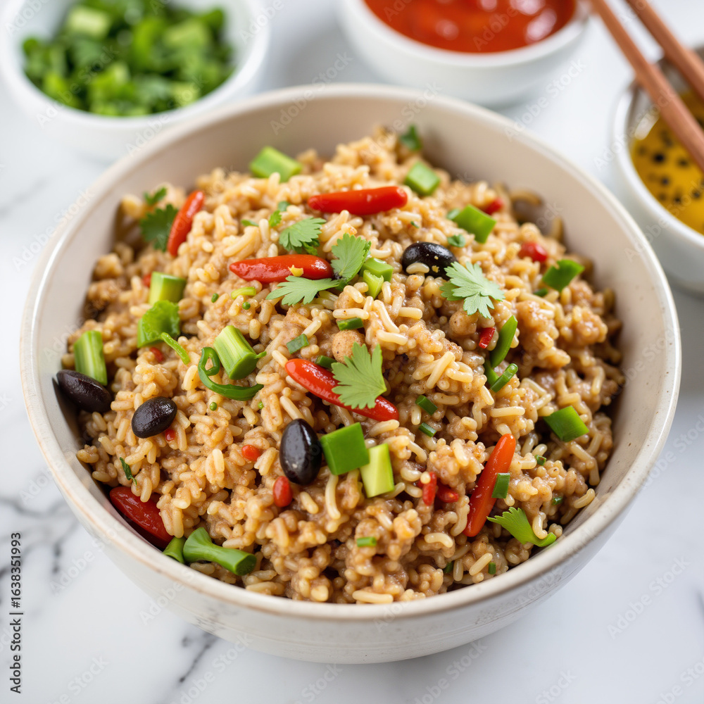 Rice dish with black beans and peppers in a bowl with sauces Rice dish with black beans and peppers in a bowl with sauces