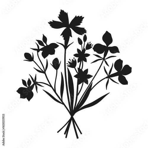 Wildflowers silhouette bouquet. Hand-drawn gagea, exotic inflorescence of meadow flowers, herbs, and wild plants. Botanical elements for design projects. Minimal style, vector illustration