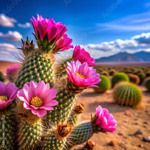 Blooming cactus flowers in the desert landscape with mountains in background