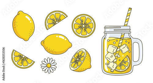 Vector art of a collection of fresh lemons, lemon slices, and a glass of lemonade with ice and a straw, isolated on a white background, perfect for summer refreshment and healthy drinks