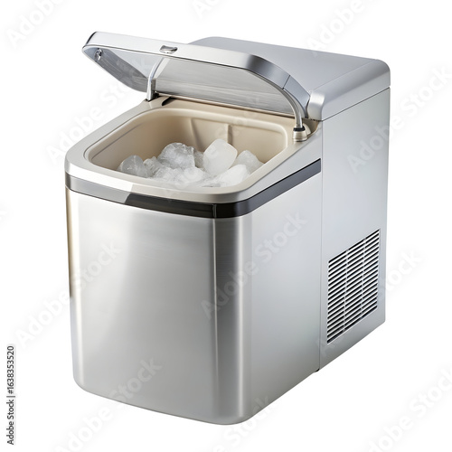 Silver ice maker with ice cubes isolated on a transparent background