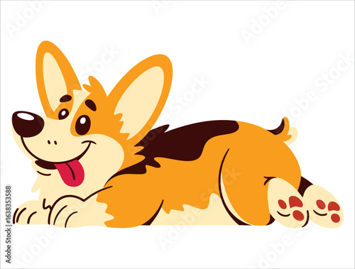 Joyful Welsh corgi dog running swiftly with tongue out eyes closed capturing playful spirit in charming cartoon style on clean white background