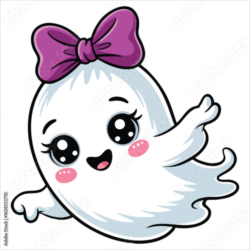 Kawaii cartoon baby girl ghost with bow in flat style. Flying ghost character in cute Halloween theme, vector illustration perfect for spooky party designs
