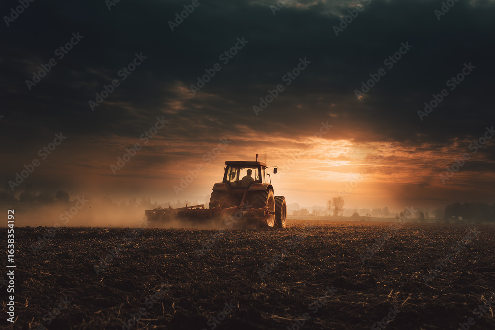 Fototapeta premium A farmer works hard until sunset in a field with a tractor.