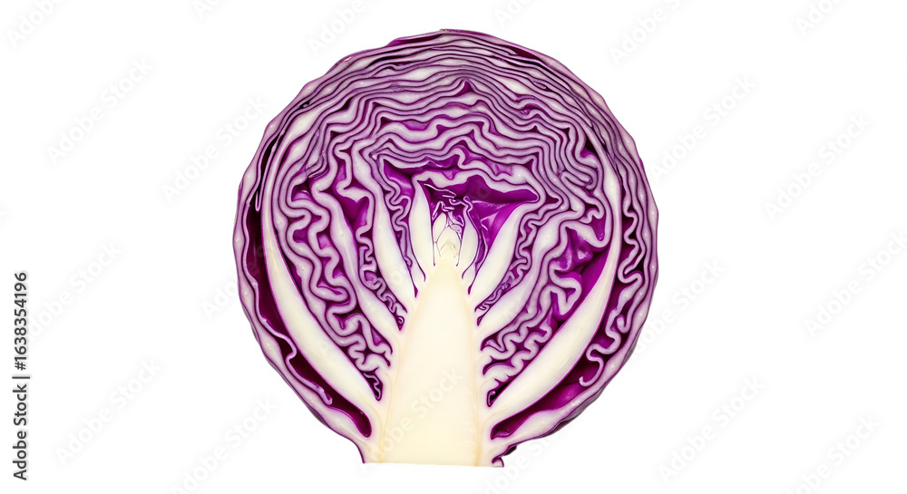 Fototapeta premium Detailed crosssection of a red cabbage isolated on transparent background, showcasing the vibrant purple hues and intricate patterns, perfect for culinary and healthrelated visuals
