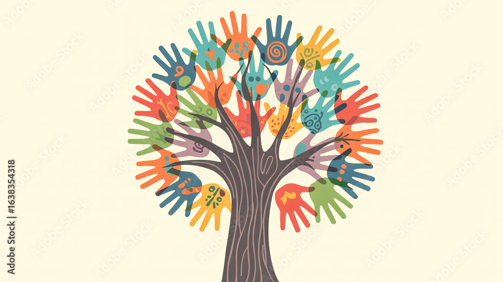 Naklejka premium Colorful hands forming a tree with patterned leaves illustration