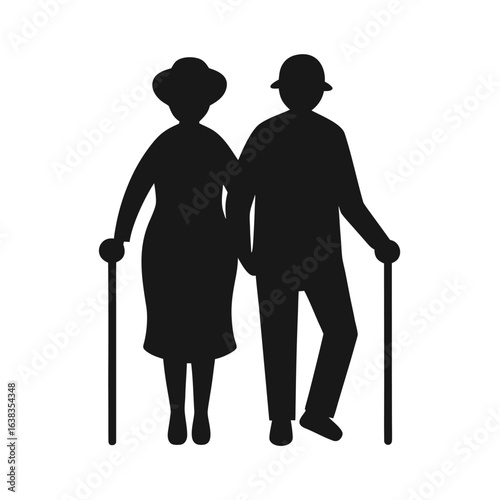 Elderly couple walking with canes vector illustration of senior man and woman silhouette