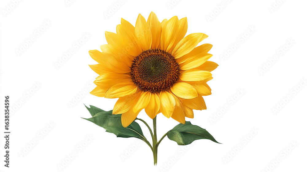 Fototapeta premium Isolated sunflower with yellow petals brown center green stem and leaves on a white background