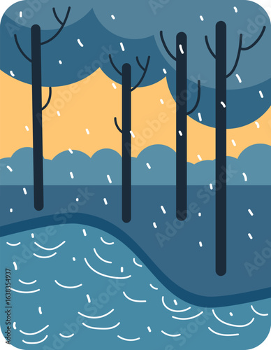 Peaceful rainy landscape illustration showcasing minimalist bare trees a calm blue river with gentle ripples under a dark sky with falling rain and an orange sunset glow