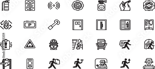 Fire safety and evacuation glyph icon set. Vector glyph symbols of sprinkler system, fire extinguisher, hose reel, firefighter helmet, smoke detector, flammable hazard, black silhouette illustrati.eps