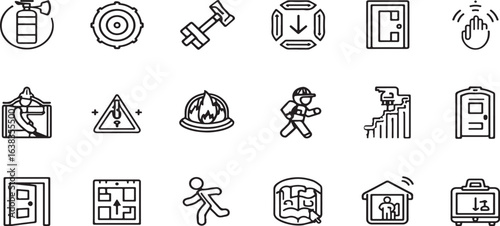 Fire safety and evacuation glyph icon set. Vector glyph symbols of sprinkler system, fire extinguisher, hose reel, firefighter helmet, smoke detector, flammable hazard, black silhouette illustration.
