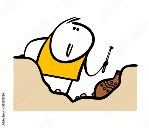 Archaeologist at an excavation site. Vector illustration of funny stickman digging up an ancient clay vase or jug in cartoon pit.  Ancient find, gently cleanses with a brush.