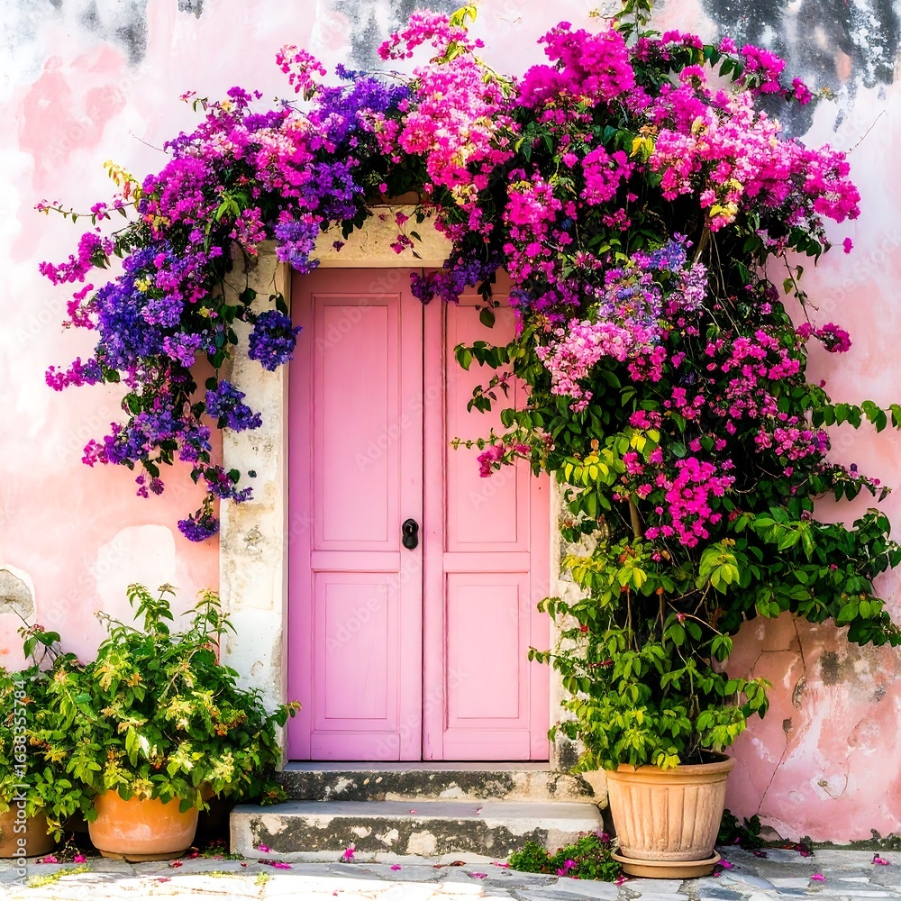 Naklejka premium Floral doorway in pastel hues, evoking mediterranean charm and a sense of serenity