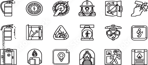Fire safety and evacuation glyph icon set. Vector glyph symbols of sprinkler system, fire extinguisher, hose reel, firefighter helmet, smoke detector, flammable hazard, black silhouette illustration.

