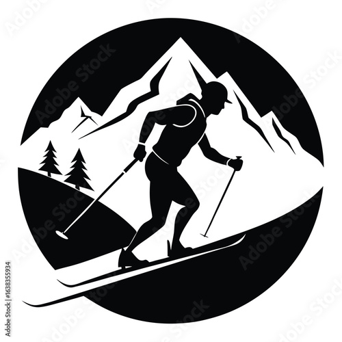 Silhouette of a Skier Gliding Down a Slope Adventure and Freedom in Winter Sports with Alpine Landscape for Posters and Decor