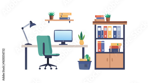 Illustration of a tidy workspace with desk, chair, computer, lamp, and bookshelf in a bright office