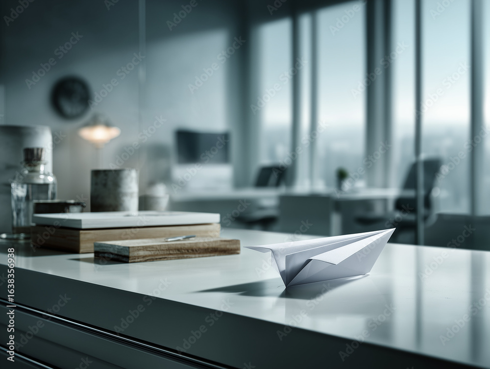 Fototapeta premium folded paper airplane on a corporate desk, poised for flight, symbolizing startup ambition and new ventures. Sleek, minimalist, modern office backdrop, soft light
