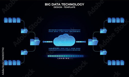 Cloud upload concept. Files and folders transfer data with a holographic progress bar that says "Loading," showing  the files are transferred to the cloud. Technology Artificial Intelligence concept