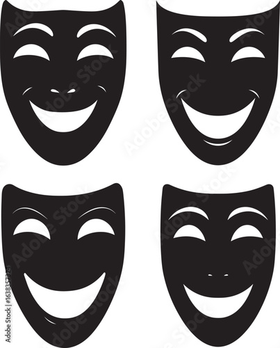 Four black comedy tragedy masks silhouette