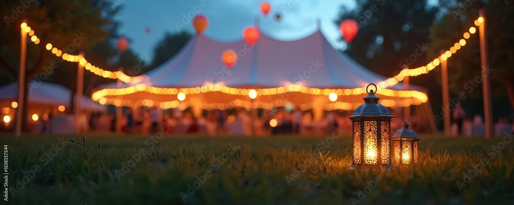 Fototapeta premium Night party setting with glowing lanterns in foreground. Large tent with festive string lights, hot air balloons adorns background, creating magical, romantic ambience. People gather for celebratory
