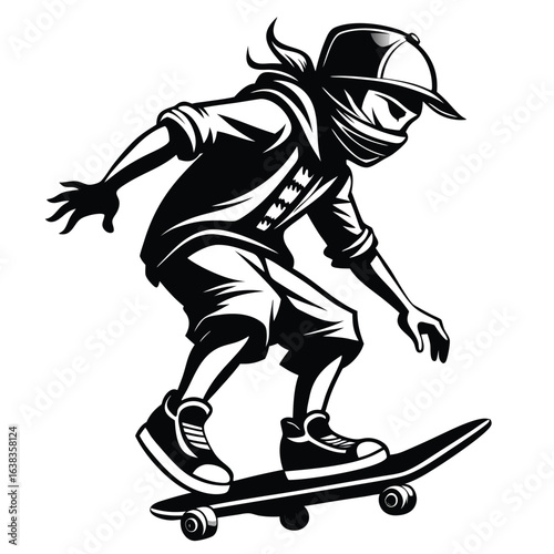 Silhouette of a Skateboarder Performing a Trick Intense Black and White Illustration of a Young Athlete in Action Sports
