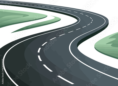 A vector illustration depicting a winding asphalt road with white markings curving through a minimalist green landscape on a white background.