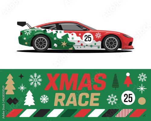 Flat vector design of a sports car with a festive Christmas race livery and graphic elements set