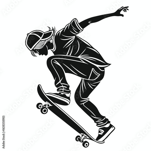 Silhouette of a Skateboarder Performing a Trick Intense Black and White Illustration of a Young Athlete in Action Sports