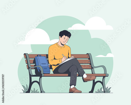 A digital illustration of a young man writing in a notebook while sitting on a park bench outdoors