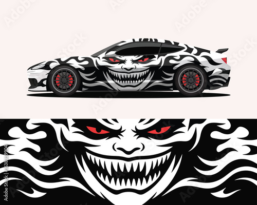 Halloween car wraps, A digital vector illustration of a modern sports car with an aggressive monster face decal wrap design