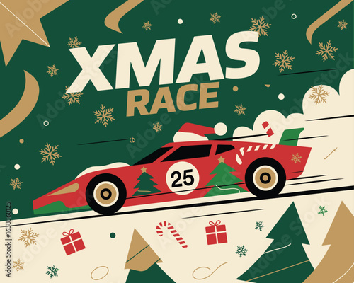 A flat design style poster announces a festive holiday 'Xmas Race' with a speeding red car and snowy background.