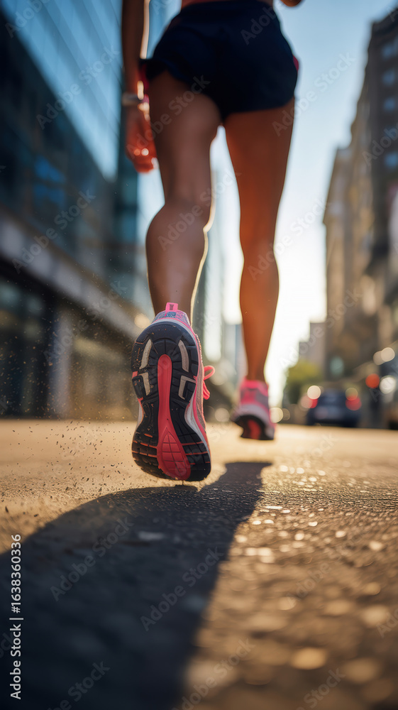 Fototapeta premium Female Runner's Legs and Shoes on a City Street at Sunset.