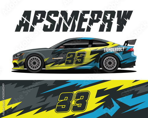 Dynamic race car livery design featuring an aggressive, abstract geometric pattern. Vector graphic for vehicle wrap and decal customization.