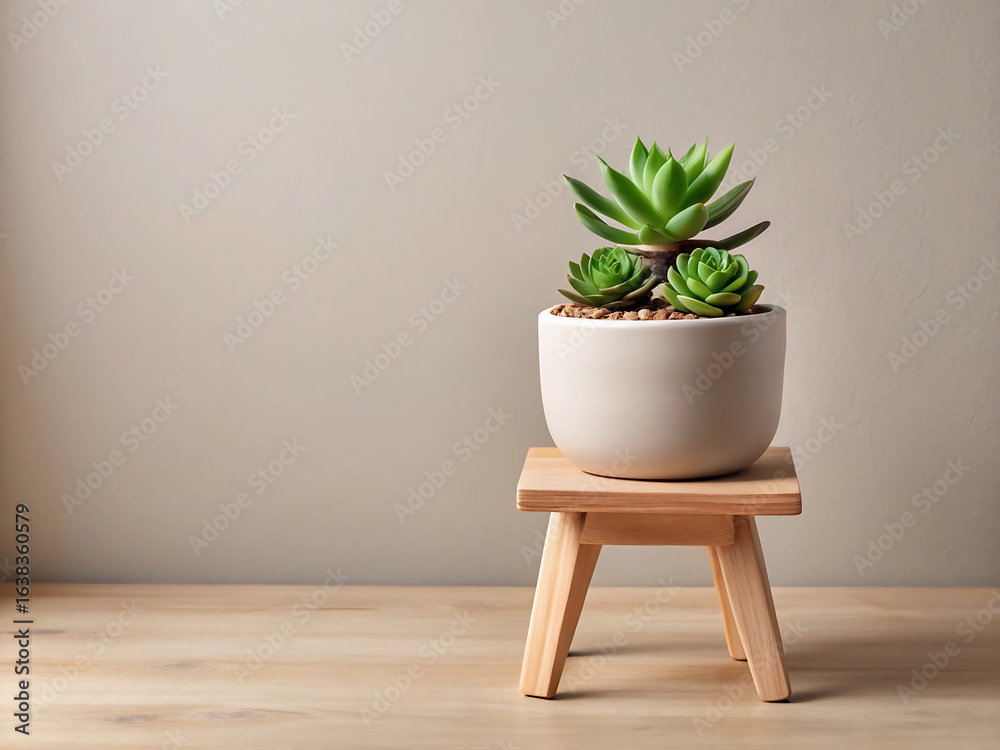 Fototapeta premium An elegant bonsai tree in a pot on a wooden table is a beautiful home decoration that brings nature indoors to a minimalist living room design