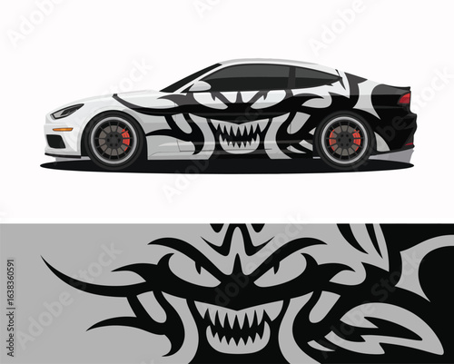 A professional Halloween car wrap design vector with an aggressive monster tribal face graphic. Vehicle decal mockup for racing and sports cars.