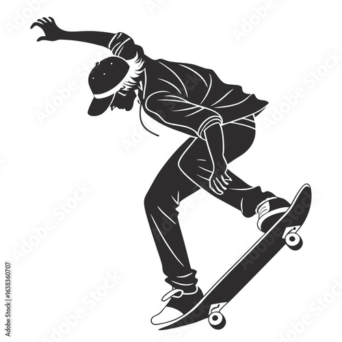 Silhouette of a Skateboarder Performing a Trick Intense Black and White Illustration of a Young Athlete in Action Sports