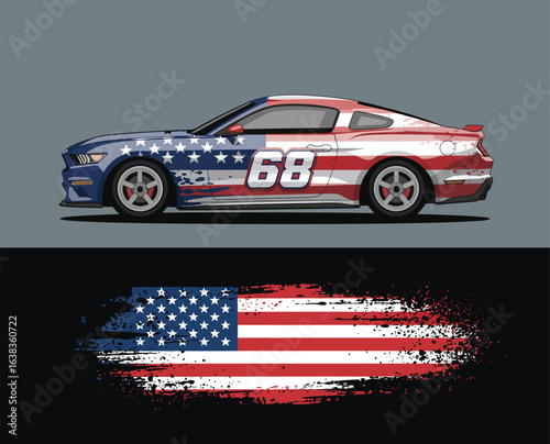 Professional racing car wrap design featuring a patriotic American flag livery. Modern sports vehicle vector illustration with abstract graphics.